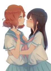 Rule 34 | 14sai bishoujo (shoutarou), 2girls, backlighting, black hair, blue skirt, blush, breasts, brown eyes, brown hair, commentary request, closed eyes, facing another, from side, hibike! euphonium, highres, hug, imminent kiss, kousaka reina, long hair, looking at another, medium breasts, multiple girls, oumae kumiko, pleated skirt, sailor collar, school uniform, short hair, short sleeves, skirt, small breasts, smile, standing, straight hair, wavy hair, white background, yuri