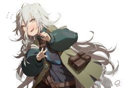 Rule 34 | 1girl, ammunition pouch, belt, black vest, blush, braid, collared shirt, fang, flying sweatdrops, girls&#039; frontline, green jacket, grey eyes, hair between eyes, hand out, jacket, jewelry, long hair, long sleeves, looking at viewer, messy hair, multiple belts, nervous smile, open mouth, pouch, reaching, reaching towards viewer, ring, shirt, shorts, sidelocks, signature, silver hair, simple background, smile, solo, sweat, sweatdrop, very long hair, vest, waterkuma, white background, xm8 (girls&#039; frontline)
