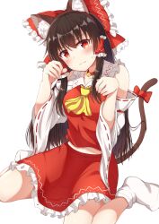 Rule 34 | absurdres, animal ears, ascot, blush, bow, brown hair, cat ears, cat tail, collared shirt, detached sleeves, fake animal ears, fake tail, frilled bow, frilled hair tubes, frilled shirt collar, frilled skirt, frills, hair bow, hair tubes, hakurei reimu, highres, long hair, navel, no shoes, paw pose, red bow, red eyes, red shirt, red skirt, red vest, ribbon, ribbon-trimmed sleeves, ribbon trim, shirt, sidelocks, sitting, skirt, skirt set, sleeveless, sleeveless shirt, sweatdrop, tail, tail ornament, tail ribbon, tksand, touhou, vest, wariza, white shirt, yellow ascot