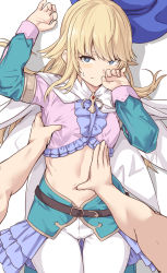 Rule 34 | 1boy, 1girl, androgynous, blonde hair, blue eyes, blue headwear, blush, chevalier d&#039;eon (fate), fate/grand order, fate (series), frills, hat, long hair, looking at viewer, lying, navel, on back, open mouth, pants, poking belly, shiseki hirame, solo focus, stomach, sweatdrop, unworn hat, unworn headwear, white pants