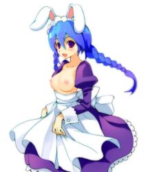 Rule 34 | 10s, 1girl, animal ears, blue hair, braid, breasts, breasts out, bunny maid, dress, maid, nipples, nude filter, purple eyes, rabbit ears, small breasts, solo, third-party edit, topless, trickster (ntreev soft), twin braids