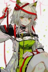 1girl, animal ear fluff, animal ears, arknights, baiwei lai, bangs, bare shoulders, blush, breasts, cat ears, collar, dress, expressionless, eyebrows visible through hair, green dress, green eyes, green hair, hand on lap, highres, jacket, kal&#039;tsit (arknights), legs crossed, long sleeves, looking at viewer, lynx ears, multicolored hair, ribbon, short hair, silver hair, sitting, solo, stethoscope, upper body, wrapped up
