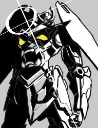Rule 34 | clenched hand, extra eyes, fangs, glint, grey background, greyscale, gurren-lagann, highres, looking at viewer, mecha, monochrome, no humans, open mouth, robot, shaded face, simple background, solo, spot color, sunglasses, teeth, tengen toppa gurren lagann, yellow eyes, yutorin kakka
