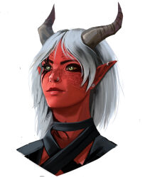 Rule 34 | 1girl, absurdres, baldur&#039;s gate, baldur&#039;s gate 3, brown horns, closed mouth, colored sclera, colored skin, dungeons &amp; dragons, earrings, heterochromia, highres, horns, jewelry, max (max5swell), orange sclera, pointy ears, red skin, simple background, smile, solo, tav (baldur&#039;s gate), tiefling, white background