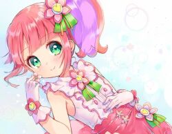 Rule 34 | 1girl, bare shoulders, blush, center frills, closed mouth, commentary request, flat chest, flower, frills, gloves, green eyes, hair flower, hair ornament, hand on own chest, hand up, holding, holding flower, idol clothes, kanon (pripara), long hair, looking at viewer, lying, multicolored hair, on back, pink flower, pink hair, pink skirt, pretty series, pripara, purple hair, shirt, side ponytail, skirt, smile, solo, touyama soboro, two-tone hair, white background, white gloves, white shirt
