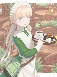 Rule 34 | 1girl, alternate costume, apron, bag, blonde hair, blue eyes, blush, cake, cake slice, coffee, cup, enmaided, food, fork, hayashi naoharu, highres, holding, holding tray, kantai collection, long hair, long sleeves, looking at viewer, maid, maid apron, maid headdress, open mouth, shin&#039;you (kancolle), shoulder bag, side ponytail, smile, solo, spoon, tray, white apron