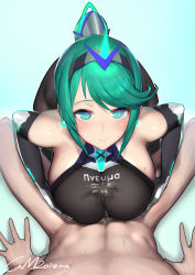 Rule 34 | 1boy, 1girl, 2018, absurdres, blush, breasts, character name, clothed female nude male, cum, cum on clothes, dated, elbow gloves, gloves, gorgeous mushroom, gradient background, green eyes, green hair, hair ornament, hetero, highres, large breasts, long hair, looking at viewer, matching hair/eyes, nintendo, nude, paizuri, paizuri under clothes, penis, pneuma (xenoblade), ponytail, pov, signature, smile, solo focus, spoilers, swept bangs, xenoblade chronicles (series), xenoblade chronicles 2