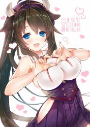 Rule 34 | 1girl, ahoge, animal ears, black hair, blue eyes, bolo tie, braid, breasts, collared shirt, cow ears, cow girl, cow horns, cowboy shot, hands up, hat, heart, heart hands, high-waist skirt, hip vent, horns, large breasts, light blush, long hair, looking at viewer, mist train girls, naojiro a, open mouth, peaked cap, purple hat, purple skirt, shirt, side ponytail, sideboob, sidelocks, skirt, sleeveless, sleeveless shirt, smile, solo, teeth, tokachi (mist train girls), upper teeth only, very long hair, white background, white shirt