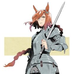 Rule 34 | 1girl, animal ears, armor, asymmetrical bangs, braid, braided ponytail, brown hair, couter, cuirass, faulds, glasses, highres, holding, holding sword, holding weapon, horse ears, ikuno dictus (umamusume), long hair, looking at viewer, low ponytail, open mouth, round eyewear, shoulder armor, sinnra art, solo, sword, umamusume, upper body, vambraces, weapon, yellow eyes