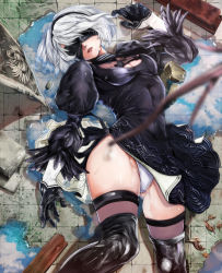 Rule 34 | black dress, black gloves, black thighhighs, blindfold, bokkusu, boots, dress, feather-trimmed sleeves, gloves, hairband, highres, leotard, leotard under clothes, lying, mole, mole under mouth, nier (series), nier:automata, on back, parted lips, planted, planted sword, planted weapon, puddle, puffy sleeves, rock, short hair, silver hair, solo, sword, thigh boots, thighhighs, water, weapon, 2b (nier:automata)