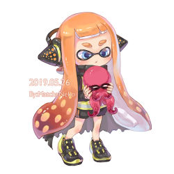 Rule 34 | 1girl, 1other, 2019, agent 3 (splatoon), artist name, blue eyes, cloak, closed eyes, dated, full body, headphones, holding, inkling, inkling girl, inkling player character, matchaneko, nintendo, octoling, octoling player character, orange hair, short shorts, shorts, simple background, splatoon (series), splatoon 2, splatoon 2: octo expansion, standing, tentacle hair, tentacles, white background