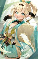 Rule 34 | 1girl, absurdres, aqua eyes, aqua skirt, black gloves, black hairband, blonde hair, blush, breasts, chest sarashi, cleavage, embarrassed, fingerless gloves, gloves, green eyes, hair between eyes, hairband, hakama, hakama short skirt, hakama skirt, haori, highres, hololive, japanese clothes, juliet sleeves, kazama iroha, long hair, long sleeves, looking at viewer, miniskirt, narita tamezou, open mouth, pleated skirt, ponytail, puffy sleeves, sarashi, skirt, small breasts, solo, sweater, sword, turtleneck, turtleneck sweater, virtual youtuber, weapon, weapon on back, wide sleeves