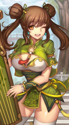Rule 34 | 1girl, ;d, breasts, brown eyes, brown hair, cleavage, cleavage cutout, clothing cutout, cowboy shot, double bun, earrings, evan yang, hair bun, instrument, jewelry, large breasts, looking at viewer, one eye closed, open mouth, smile, solo, thighhighs, tree, twintails, white thighhighs, wrist cuffs
