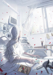 Rule 34 | 1girl, bed, book, bookmark, easel, facing away, falling petals, highres, hospital, hospital bed, hospital gown, indoors, intravenous drip, iv stand, long hair, machinery, monitor, open window, original, paintbrush, painting (object), pen, petals, pillow, shi-ro, sitting, sketchbook, solo, sunlight, translation request, under covers, white hair, white theme, wind, window