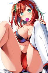 Rule 34 | 1girl, belko, breasts, condom, condom in mouth, dolphin wave, green eyes, highres, large breasts, legs apart, looking at viewer, mouth hold, navel, red hair, sakimiya iruka, side ponytail, sitting, sweat