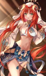 Rule 34 | 1girl, absurdres, bare shoulders, blue skirt, blush, breasts, brooch, commentary, cowboy shot, crop top, genshin impact, green eyes, groin, hand up, highres, horns, jewelry, large breasts, long hair, long sleeves, looking at viewer, midriff, navel, nilou (genshin impact), open mouth, red hair, sachiko nya, skirt, solo, standing, stomach, thighlet, thighs, veil, very long hair