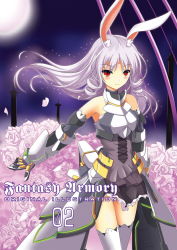 Rule 34 | 1girl, animal ears, armor, rabbit ears, cover, cover page, fatkewell, flower, full moon, gauntlets, marianne wagner, moon, open clothes, open skirt, original, purple hair, red eyes, skirt, thighhighs