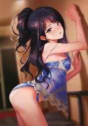 Rule 34 | 1girl, absurdres, against wall, arched back, babydoll, blue eyes, blue panties, blurry, blurry background, breasts, contrapposto, cowboy shot, depth of field, dutch angle, from side, fukushi ryouhei, highres, idolmaster, idolmaster shiny colors, indoors, kazano hiori, light particles, lingerie, long hair, looking at viewer, mole, mole under mouth, one side up, open mouth, panties, purple hair, scan, small breasts, solo, underwear, underwear only