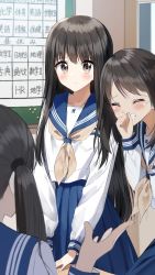 Rule 34 | 3girls, ^ ^, black hair, blue sailor collar, blue skirt, blush, brown eyes, brown neckerchief, clenched hand, closed eyes, closed mouth, commentary request, desk, grin, hand to own mouth, highres, indoors, long hair, long sleeves, looking at viewer, multiple girls, neckerchief, original, pentagon (railgun ky1206), pleated skirt, sailor collar, school desk, school uniform, serafuku, shirt, skirt, smile, tears, twintails, very long hair, white shirt
