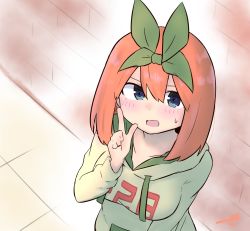 Rule 34 | 1girl, :d, blue eyes, blush, breasts, brick wall, commentary request, drawstring, eyebrows hidden by hair, from above, go-toubun no hanayome, green hoodie, green ribbon, hair between eyes, hair ribbon, hand up, highres, hood, hood down, hoodie, index finger raised, kujou karasuma, long sleeves, looking at viewer, looking up, medium breasts, nakano yotsuba, open mouth, orange hair, ribbon, smile, solo, sweat