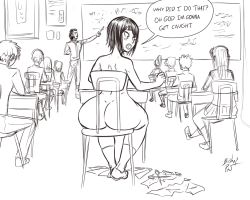 Rule 34 | ass, classroom, clothes on floor, unworn clothes, clueless, english text, exhibitionism, highres, hitomi-chan wa hitomishiri, multiple boys, multiple girls, nude, panicking, public indecency, scissors, shoes, socks, speech bubble, takano hitomi, talking, wide hips, zerbebuth