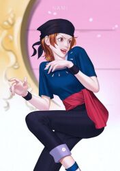 Rule 34 | 1girl, artist name, artist request, bandana, black bandana, blue shirt, character name, lips, lipstick, makeup, nami (one piece), official alternate costume, one piece, open clothes, open mouth, orange hair, red lips, shirt, short hair, short sleeves, solo, teeth, third-party source