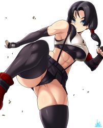 Rule 34 | 1girl, abs, ankle boots, black gloves, black hair, black panties, black sports bra, black thighhighs, blue eyes, boots, breasts, cameltoe, cleft of venus, clenched hand, commentary, cosplay, crop top, crop top overhang, detached sleeves, dragon ball, dragonball z, english commentary, fighting stance, final fantasy, final fantasy vii, fingerless gloves, gloves, gluteal fold, high kick, highres, jmg, kicking, looking at viewer, low twintails, medium breasts, medium hair, midriff, muscular, muscular female, panties, pantyshot, red footwear, skirt, solo, sports bra, suspender skirt, suspenders, thick thighs, thighhighs, thighs, tifa lockhart, tifa lockhart (cosplay), twintails, underwear, videl, white background