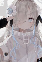 Rule 34 | 1girl, black gloves, blue eyes, blue hair, blush, chaining intention (vocaloid), coat, commentary, finger gun, finger gun to head, fingerless gloves, flower, gloves, grey hair, hair flower, hair ornament, hair over one eye, hand up, high collar, highres, isekai joucho, kamitsubaki studio, light particles, light smile, looking at viewer, multicolored hair, one eye covered, parted lips, short sleeves, solo, streaked hair, upper body, uzuki 0420m, virtual youtuber, white background, white coat, white flower, zipper, zipper pull tab