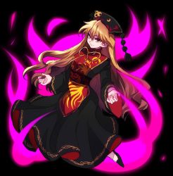 Rule 34 | 1girl, aura, black background, black dress, black footwear, black headwear, blonde hair, chinese clothes, closed mouth, commentary request, crescent, dress, energy, full body, highres, junko (touhou), long hair, long sleeves, orange hair, patterned clothing, pekepeke (toho jk), phoenix crown, pom pom (clothes), red eyes, red sash, red tabard, sash, simple background, solo, tabard, touhou, very long hair, wide sleeves