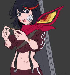 Rule 34 | 1girl, 2020, absurdres, bandage on face, bandages, bandaid, bandana, black hair, bleeding, blood, breasts, bruise, case, commentary request, crop top, dated, groin, hair between eyes, highres, injury, jacket, japanese commentary, kill la kill, matoi ryuuko, medium breasts, messy hair, multicolored hair, navel, overalls, pants, raised eyebrow, red bandana, red hair, red jacket, red neckwear, red pants, scarf, senketsu, solo, streaked hair, takatisakana, track jacket, track pants, track suit, tsurime