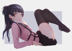 Rule 34 | 1girl, absurdres, arm support, black hair, black skirt, black thighhighs, blunt bangs, breasts, brown eyes, feet up, frilled shirt, frills, highres, idolmaster, idolmaster shiny colors, leaning back, long hair, long sleeves, looking at viewer, looking to the side, mask, mask pull, mayuzumi fuyuko, medium breasts, mouth mask, niaillust, open mouth, pink shirt, shirt, simple background, skirt, solo, surgical mask, suspender skirt, suspenders, thighhighs, twitter username, zettai ryouiki