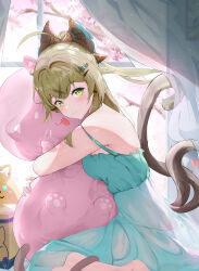 Rule 34 | 1girl, absurdres, ahoge, animal ears, bare shoulders, cat ears, curtains, dress, genshin impact, green eyes, hair ornament, hairclip, highres, kirara (genshin impact), light brown hair, long hair, looking at viewer, multiple tails, hugging object, smile, solo, stuffed toy, tail, vincent leo