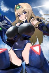 Rule 34 | 1girl, absurdres, blonde hair, blue eyes, blue leotard, blue sky, blush, breasts, cameltoe, cecilia alcott, cloud, covered erect nipples, covered navel, curly hair, day, drill hair, gluteal fold, gun, hairband, highres, huge breasts, impossible clothes, impossible leotard, infinite stratos, kumako (kumakonoh), leotard, long hair, looking at viewer, mecha musume, mechanical arms, mechanical legs, outdoors, pilot suit, shiny skin, skin tight, sky, solo, weapon