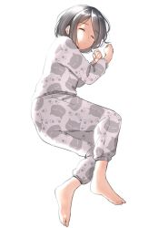 Rule 34 | 1girl, animal print, bad id, bad twitter id, barefoot, cat print, clenched hands, commentary request, closed eyes, from side, full body, long sleeves, lying, on side, original, pajamas, pants, parted lips, short hair, simple background, sleeping, solo, suzunari shizuku, white background, yuki arare
