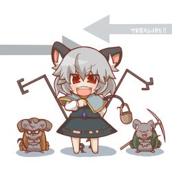 Rule 34 | 1girl, animal ears, backpack, bag, bandaid, basket, blush, chibi, crystal, dowsing rod, female focus, goggles, grey hair, gurageida, jewelry, mouse (animal), mouse ears, mouse tail, nazrin, open mouth, pendant, pickaxe, randoseru, red eyes, solo, tail, touhou