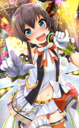 Rule 34 | 1girl, ahoge, aqua eyes, bad id, bad twitter id, bare shoulders, belt, blush, bow, bow skirt, breasts, brown hair, clothing cutout, fumihiko (fu mihi ko), gloves, hair between eyes, hair ornament, hair ribbon, highres, holding, holding microphone, hololive, hololive idol uniform, idol, idol clothes, index finger raised, layered skirt, looking at viewer, medium hair, microphone, miniskirt, natsuiro matsuri, navel, navel cutout, official alternate costume, open mouth, ribbon, side ponytail, skirt, skirt set, sleeveless, smile, solo, spotlight, stage, stage lights, teeth, upper teeth only, virtual youtuber, white bow, white gloves, white skirt, wrist cuffs