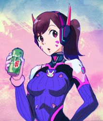Rule 34 | 1girl, alternate hairstyle, animal print, bodysuit, breasts, brown eyes, brown hair, can, d.va (overwatch), drink can, facial mark, headphones, holding, holding can, long hair, medium breasts, mountain dew, open mouth, overwatch, overwatch 1, pilot suit, ponytail, product placement, qosic, rabbit, rabbit print, soda can, solo, whisker markings