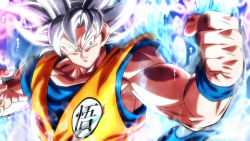 Rule 34 | 1boy, aura, clenched hand, closed mouth, dougi, dragon ball, dragon ball super, fighting stance, grey eyes, grey hair, male focus, muscular, muscular male, rom (20), solo, son goku, ultra instinct, upper body, wristband