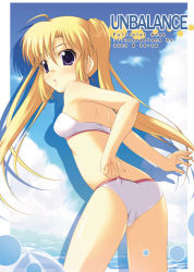 Rule 34 | 1girl, bikini, blonde hair, blue background, cameltoe, character request, cloud, day, long hair, looking back, outdoors, purple eyes, sidelocks, sky, solo, source request, swimsuit, to-ya (to-ya can), twintails, white bikini
