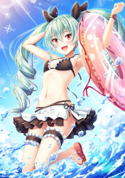 Rule 34 | 10s, 1girl, :d, akashio (loli ace), anchovy (girls und panzer), armpits, arms up, bare arms, bare shoulders, bikini, bikini skirt, black bikini, black ribbon, blue sky, blush, breasts, bridal garter, cloud, commentary, day, drill hair, frills, girls und panzer, green hair, hair between eyes, hair ribbon, highres, innertube, long hair, looking at viewer, navel, ocean, open mouth, outdoors, red eyes, red footwear, ribbon, ringlets, sandals, side-tie bikini bottom, sky, small breasts, smile, solo, stomach, sunlight, swim ring, swimsuit, transparent, twin drills, twintails, very long hair, watch, water, wristwatch