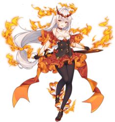 Rule 34 | 1girl, antennae, ark order, bare shoulders, black footwear, black gloves, black pantyhose, breasts, buttons, choker, crown, dango remi, double-breasted, dress, facial mark, fiery horns, fire, full body, gloves, high heels, holding, holding sword, holding weapon, horns, long hair, looking at viewer, low-tied long hair, off-shoulder dress, off shoulder, official art, orange eyes, pantyhose, red choker, red dress, sheath, sheathed, solo, surtr (ark order), sword, tachi-e, transparent background, weapon, white hair