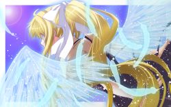 Rule 34 | 00s, 1girl, air (visual novel), blonde hair, blue eyes, feathers, from behind, hazuki touya, highres, kamio misuzu, kyougoku touya, long hair, ponytail, school uniform, solo, wings