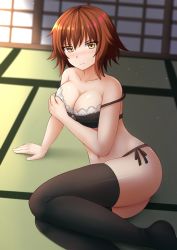 Rule 34 | 10s, 1girl, absurdres, arm support, bare arms, bare shoulders, black bra, black panties, black thighhighs, blurry, blurry background, blush, bow, bow bra, bra, breasts, brown eyes, brown hair, cleavage, closed mouth, commentary, depth of field, english commentary, fingernails, grand blue, hair between eyes, highres, indoors, kazenokaze, kotegawa chisa, looking at viewer, medium breasts, navel, no shoes, nose blush, panties, side-tie panties, solo, strap slip, thighhighs, underwear, underwear only, v-shaped eyebrows
