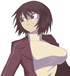 Rule 34 | 1girl, azumanga daiou, beige sweater, blazer, breasts, brown eyes, brown hair, closed mouth, hair between eyes, inkerton-kun, jacket, kagura (azumanga daioh), large breasts, looking to the side, shiny clothes, short hair, sidelocks, simple background, smile, solo, sweater, tan, turtleneck, turtleneck sweater, white background