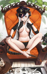 Rule 34 | 1girl, :d, absurdres, arknights, barefoot, black hat, black panties, black skirt, bottle, breasts, carpet, cleavage, collarbone, commentary request, cuffs, dragon girl, dragon horns, dragon tail, full body, gun, hair between eyes, hand on own knee, hat, highres, horns, large breasts, long hair, long sleeves, looking at viewer, nail polish, navel, official alternate costume, open clothes, open mouth, open shirt, orange eyes, orange nails, panties, peaked cap, saria (arknights), saria (the law) (arknights), shackles, silver hair, sitting, skirt, smile, solo, stomach, subu art, table, tail, throne, toenail polish, toenails, underwear, very long hair, weapon, wooden floor