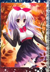 Rule 34 | 1girl, :d, blush, forest, hair ornament, hair ribbon, highres, long hair, looking at viewer, nature, open mouth, original, outdoors, purple skirt, red eyes, ribbon, see-through, shiramori yuse, silver hair, skirt, sleeves past wrists, smile, solo, tree