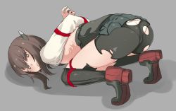 Rule 34 | 10s, 1girl, :o, ass, bdsm, bike shorts, black footwear, black shorts, black skirt, black thighhighs, blush, bondage, boots, bound, bound arms, brown eyes, brown hair, butt crack, flat chest, from behind, from side, full body, grey background, kantai collection, kei (soundcross), knee boots, long sleeves, looking to the side, open mouth, panties, panties under bike shorts, pantylines, pleated skirt, red rope, ribs, rope, shibari, short hair, shorts, simple background, skin tight, skirt, solo, taihou (kancolle), thighhighs, top-down bottom-up, torn bike shorts, torn boots, torn clothes, torn shorts, underwear, upskirt, white panties