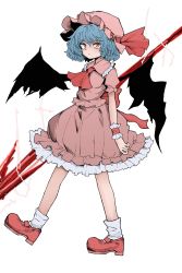 Rule 34 | 1girl, absurdres, ascot, bat wings, black wings, blue hair, closed mouth, fe (tetsu), from side, full body, hat, hat ribbon, high heels, highres, holding, holding weapon, looking at viewer, mob cap, pink hat, pink shirt, pink skirt, red ascot, red eyes, red footwear, red ribbon, remilia scarlet, ribbon, shirt, short hair, short sleeves, skirt, socks, solo, spear the gungnir, touhou, weapon, white socks, wings, wrist cuffs