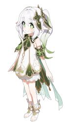 Rule 34 | 1girl, azmira1534815, bloomers, blush, bracelet, braid, cape, closed mouth, cross-shaped pupils, detached sleeves, dress, full body, genshin impact, gold trim, gradient hair, green cape, green eyes, green hair, green sleeves, hair ornament, highres, jewelry, leaf hair ornament, long hair, multicolored hair, nahida (genshin impact), pointy ears, side braid, side ponytail, simple background, smile, solo, stirrup footwear, streaked hair, symbol-shaped pupils, underwear, white background, white bloomers, white dress, white footwear, white hair