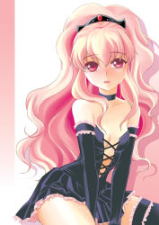 Rule 34 | 00s, 1girl, alternate hairstyle, bare shoulders, blush, breasts, choker, cleavage, corset, detached sleeves, female focus, flat chest, frilled thighhighs, frills, long hair, louise francoise le blanc de la valliere, mytyl, pink hair, red eyes, sitting, small breasts, solo, thighhighs, zero no tsukaima